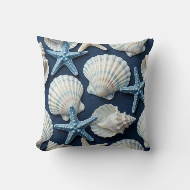 Kustblauw en witte schelpen kussen (Voorkant)