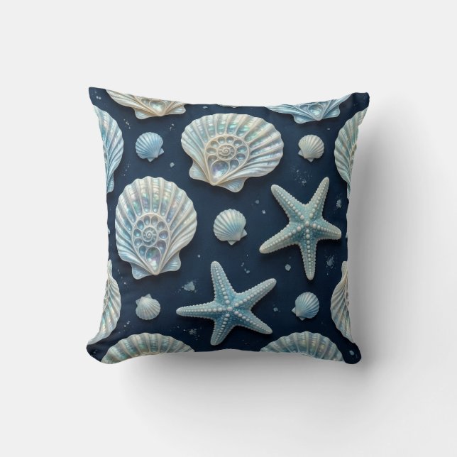 Kustblauw en witte schelpen kussen (Voorkant)