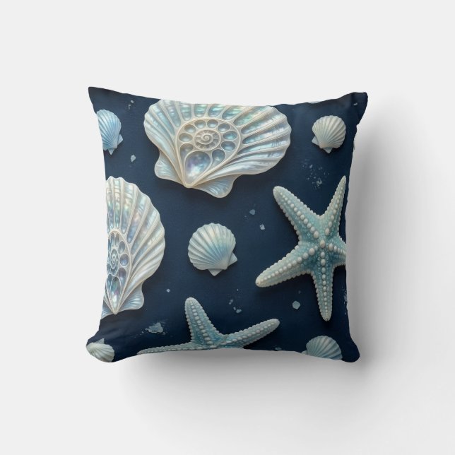 Kustblauw en witte schelpen kussen (Voorkant)