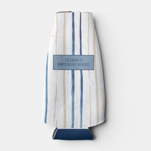 Kustblauw en zand gestreept gepersonaliseerd flesjeskoeler (Voorkant)
