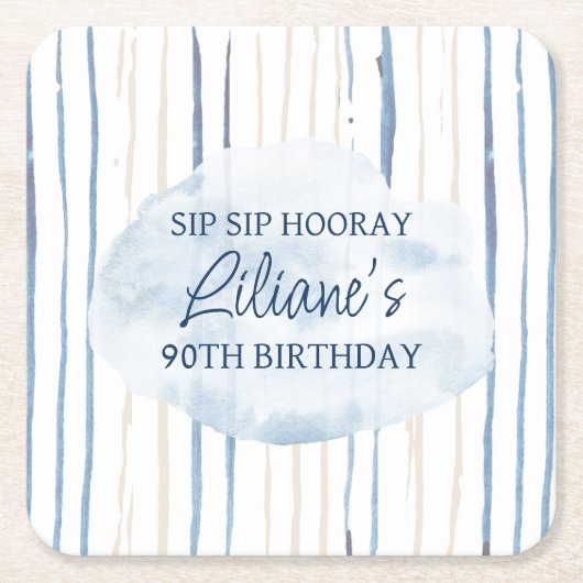 Kustblauw en zand gestreept gepersonaliseerd kartonnen onderzetters (Voorkant)