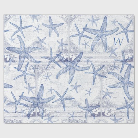 Kustblauw Starfish Monogramed Initiaal Cadeaupapier (Vlak)