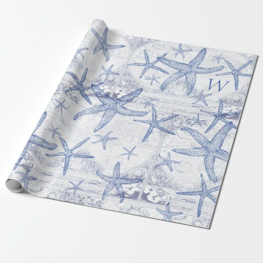 Kustblauw Starfish Monogramed Initiaal Cadeaupapier (Uitgerold)