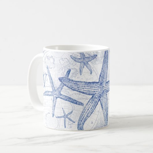 Kustblauw Starfish Monogramed Initiaal Koffiemok (Voorkant links)