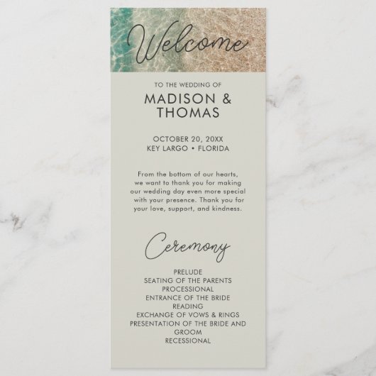 Kustblauw Tropisch strand Bestemming Bruiloft Programmakaart (Voorkant)