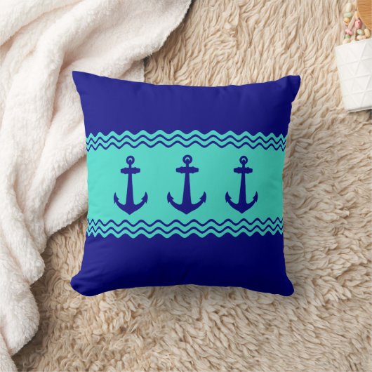 Kustblauw Turquoise Stripe Anchor Nautical Kussen (Deken)