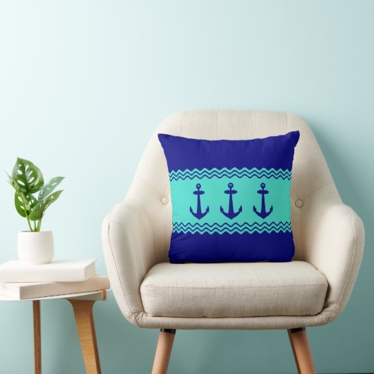 Kustblauw Turquoise Stripe Anchor Nautical Kussen (Stoel)