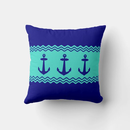 Kustblauw Turquoise Stripe Anchor Nautical Kussen (Achterkant)
