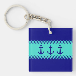 Kustblauw Turquoise Stripe Anchor Nautical Sleutelhanger