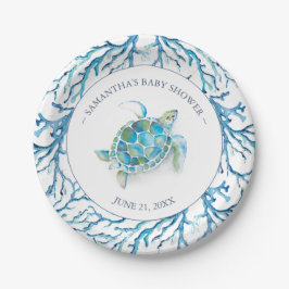 Kustblauw Waterverf Zee Turtle Boy Baby shower Papieren Bordje