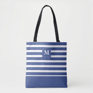 Kustblauw Witte Gestreepte Strand Monogram Tote Bag