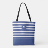 Kustblauw Witte Gestreepte Strand Monogram Tote Bag (Achterkant)