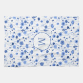 Kustblauw Witte Wilde Bloem Kunst Monogram Theedoek (Horizontaal)