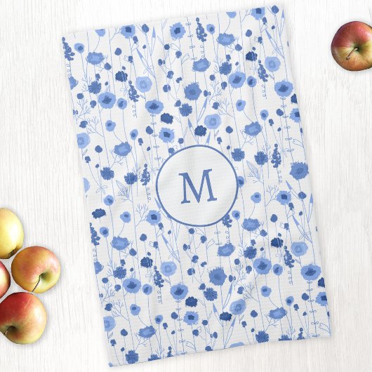 Kustblauw Witte Wilde Bloem Kunst Monogram Theedoek