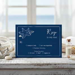 Kustblauw Zeeschelpen & Script Trouw-RSVD RSVP Kaartje