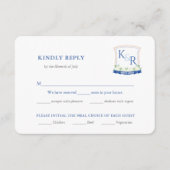 Kustblauwe bruiloft Crest Maaltijd keuze RSVP Informatiekaartje (Voorkant)