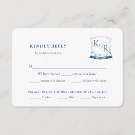 Kustblauwe bruiloft Crest Maaltijd keuze RSVP Informatiekaartje