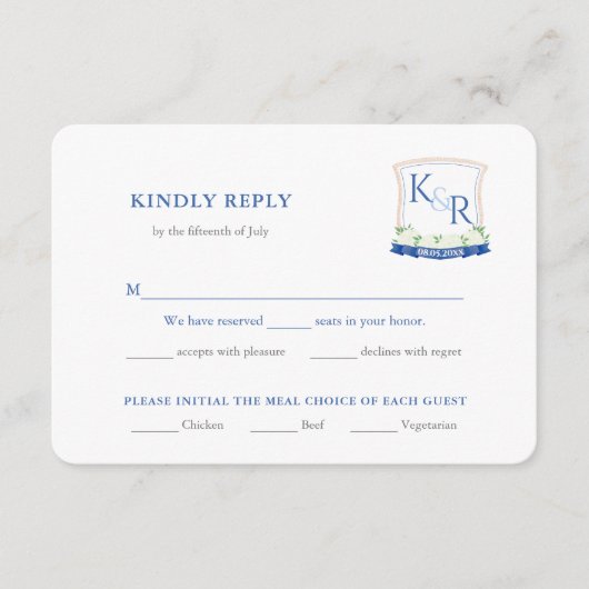 Kustblauwe bruiloft Crest Maaltijd keuze RSVP Informatiekaartje (Voorkant)