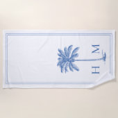 Kustblauwe en witte palmboom Monogram Strandlaken (Voorkant)