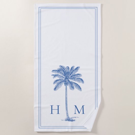 Kustblauwe en witte palmboom Monogram Strandlaken (Voorkant)
