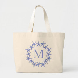 Kustblauwe en witte zeesterkrans Monogram Grote Tote Bag