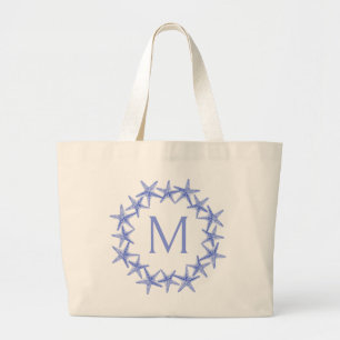 Kustblauwe en witte zeesterkrans Monogram Grote Tote Bag