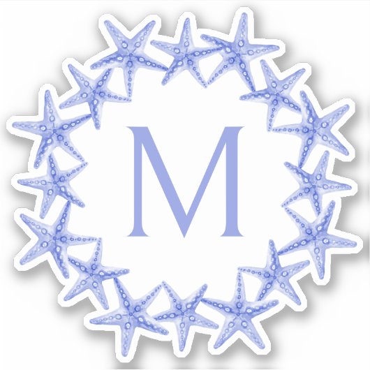 Kustblauwe en witte zeesterkrans Monogram Sticker (Voorkant)