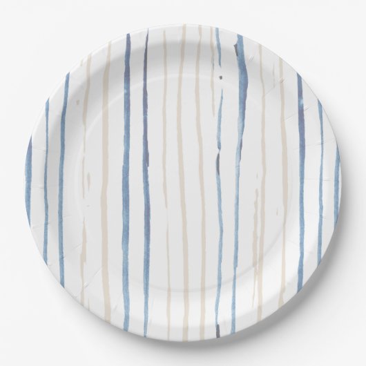 Kustblauwe en zand penseelstreek Gestreept Papieren Bordje (Voorkant)