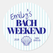Kustblauwe gestreepte Bach-weekend Shell-klassieke Ronde Sticker (Voorkant)