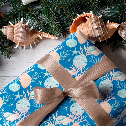 Kustblauwe Kerst Waterverf Seashell Pattern Cadeaupapier