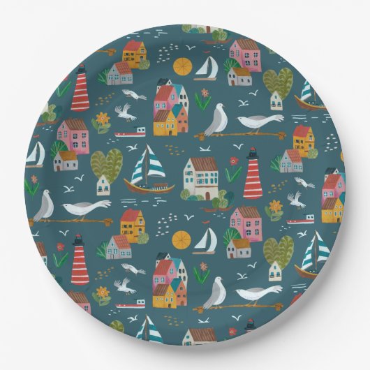 Kustblauwe patroonjongen baby shower party papieren bordje (Voorkant)