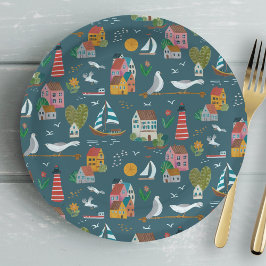 Kustblauwe patroonjongen baby shower party papieren bordje