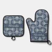 Kustblauwe schelp patroon & aangepaste naam ovenwant & pannenlap set (Voorkant)
