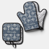 Kustblauwe schelp patroon & aangepaste naam ovenwant & pannenlap set (Voorkant / Achterkant)