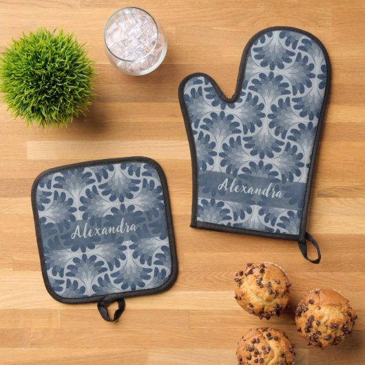 Kustblauwe schelp patroon & aangepaste naam ovenwant & pannenlap set (Top down)