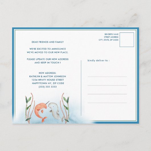 Kustblauwe walvis Nieuw adres Beweging Aankondigingskaart (Achterkant)