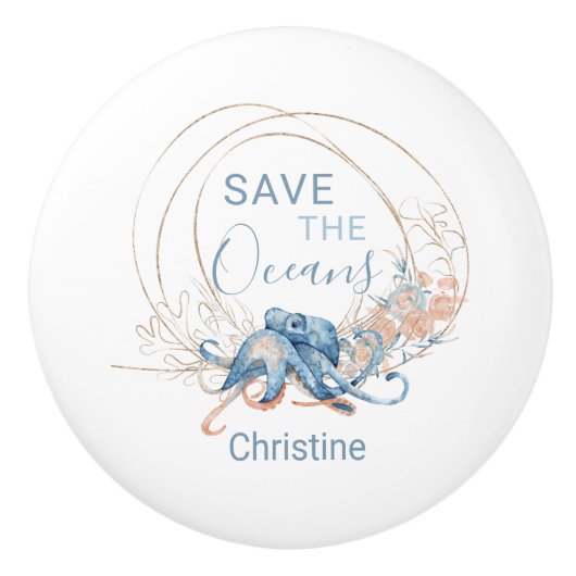 Kustblauwe waterverf Octopus, aangepaste naam Keramische Knop (Voorkant)