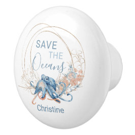 Kustblauwe waterverf Octopus, aangepaste naam Keramische Knop