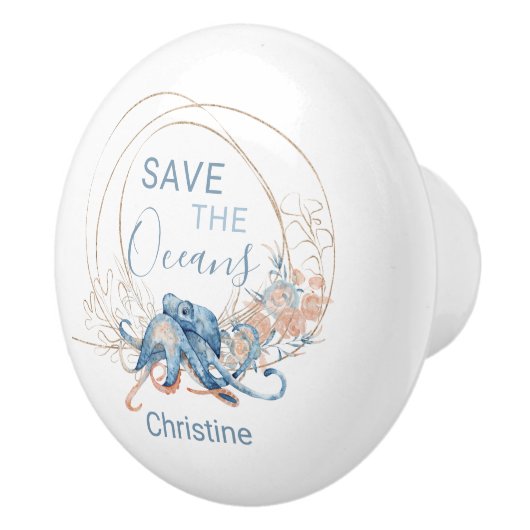 Kustblauwe waterverf Octopus, aangepaste naam Keramische Knop (Rechts)