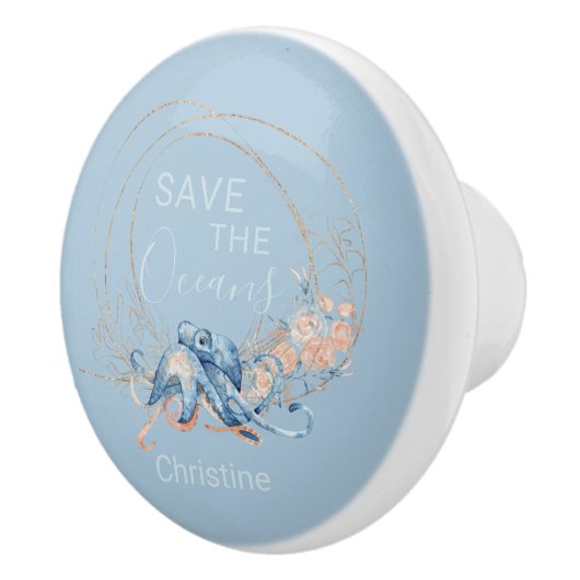 Kustblauwe waterverf Octopus, aangepaste naam Keramische Knop (Rechts)