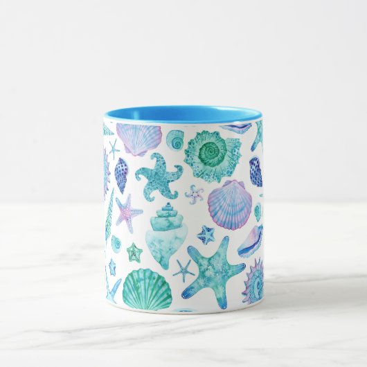 Kustblauwe Waterverf schelpen en zeesterren Mok (Midden)