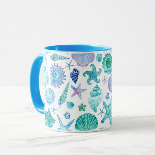 Kustblauwe Waterverf schelpen en zeesterren Mok (Voorkant links)