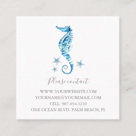 Kustblauwe Waterverf Seahorse Starfish Aangepast Vierkante Visitekaartje (Voorkant)