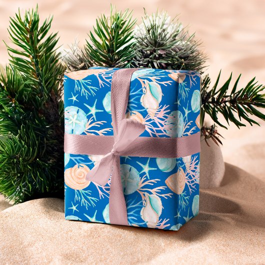 Kustblauwe Waterverf Seashell & Sripe Patroon Inpakpapier Vel