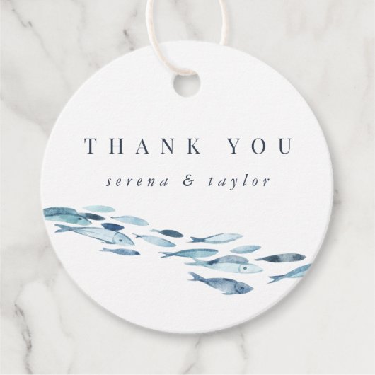 Kustblauwe Waterverf visweddenschap Bedankjes Labels (Voorkant)