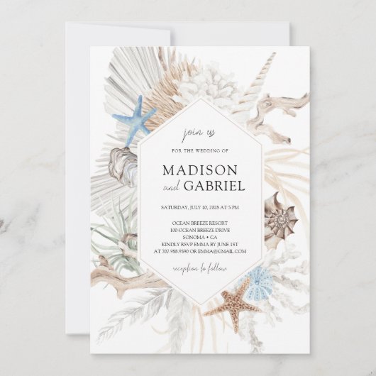 Kustblauwe Waterverf zeeschelpen Koraal bruiloft Kaart (Voorkant)