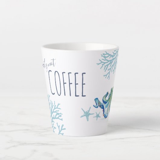 Kustblauwe Zee Koraal en Octopus Waterverf Latte Mok (Voorkant)