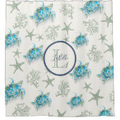 Kustblauwgroene Waterverf Zee Turtle Monogram Douchegordijn (Voorkant)