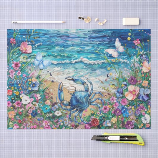 Kustbloem Blauwe Krab & Vlinders Decoupage  Tissuepapier (Craft)