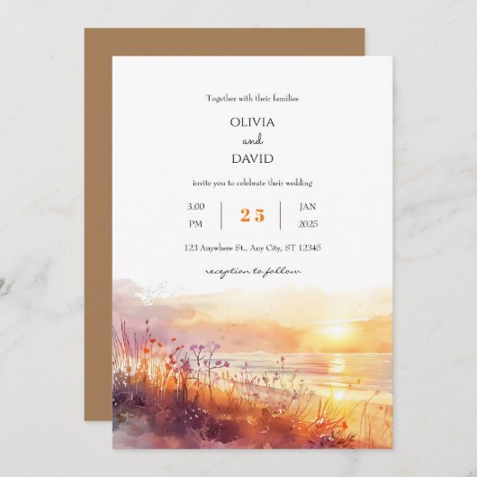 Kustbloemen bij Sunset Art Beach Bruiloft Kaart (Voorkant / Achterkant)